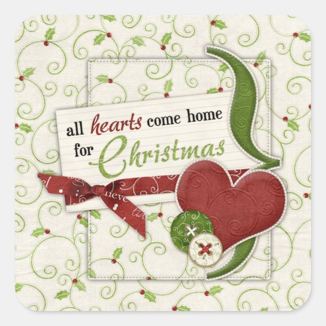Red Green Hearts Holly Holiday Envelope Seal (Front)