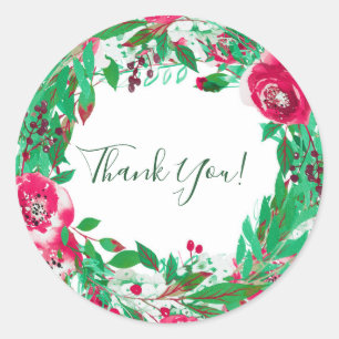 Red Green Holiday Christmas Floral Flowers Favour Classic Round Sticker