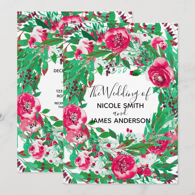 Red Green Holiday Christmas Floral Flowers Wedding Invitation (Front/Back)