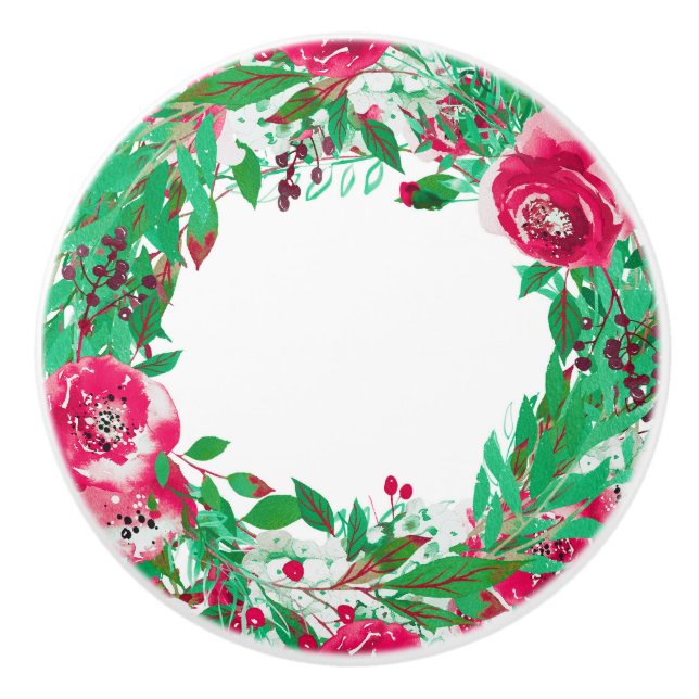 Red Green Holiday Christmas Floral Flowers Winter Ceramic Knob (Front)