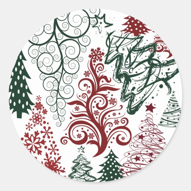 Red Green Holiday Christmas Tree Pattern Classic Round Sticker (Front)