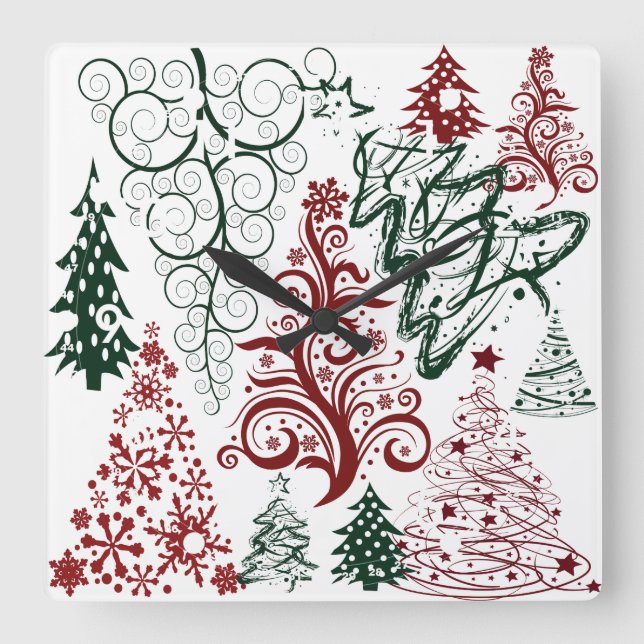 Red Green Holiday Christmas Tree Pattern Square Wall Clock (Front)