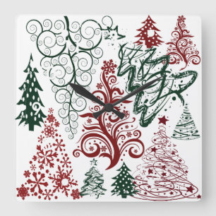 Red Green Holiday Christmas Tree Pattern Square Wall Clock