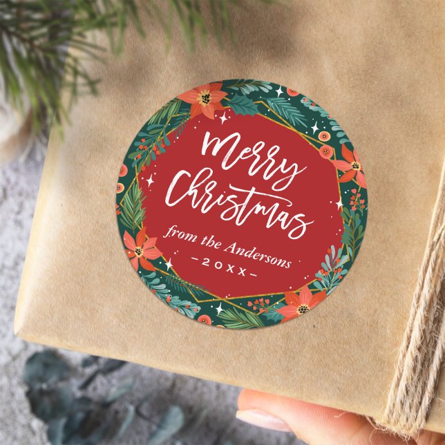 Red Green Holiday Festive Merry Christmas Script Classic Round Sticker (Creator Uploaded)