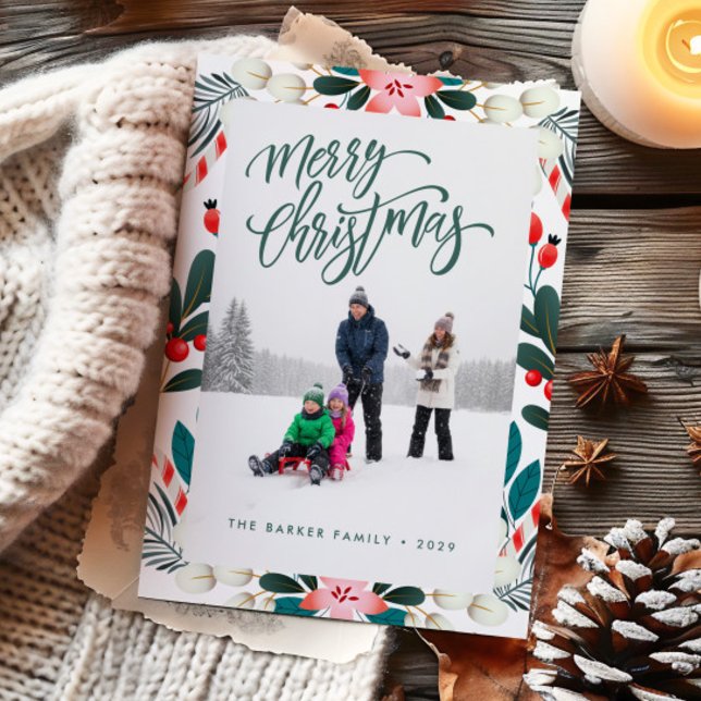 Red Green Holiday Florals Photo Christmas Card (Creator Uploaded)