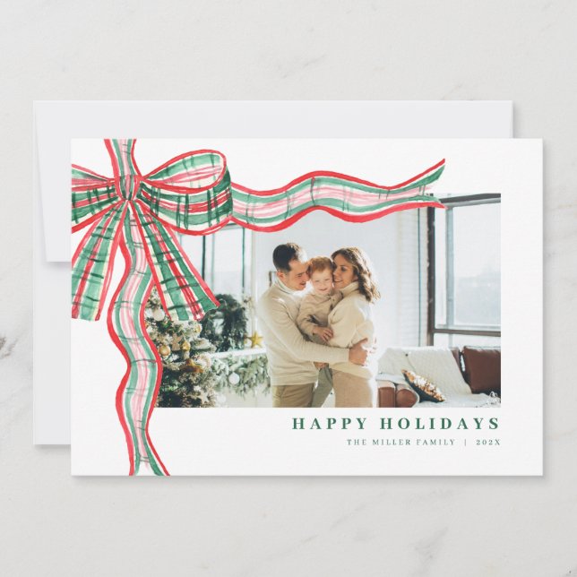 Red Green Holiday Plaid Bow Photo Christmas Card (Front)