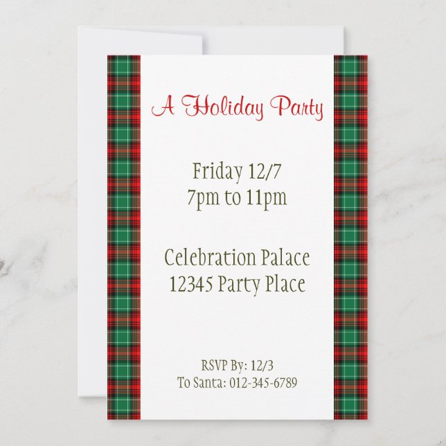 Red Green Holiday Plaid Custom Invitations 5" x 7" (Back)