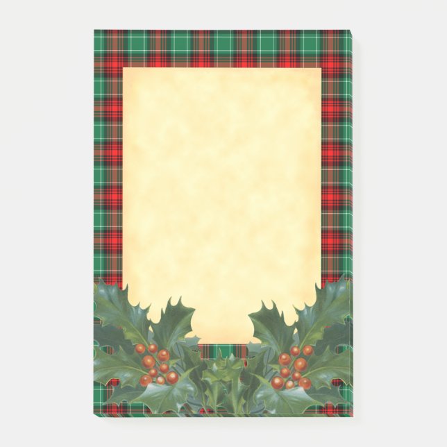 Red Green Holiday Plaid Pattern with Holly Stickie Post-it Notes (Front)