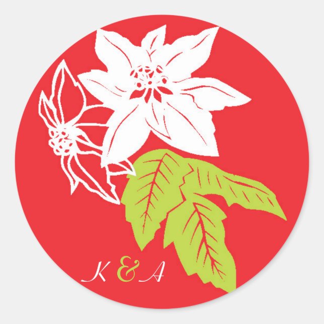Red & Green Holiday Poinsettias Wedding Classic Round Sticker (Front)