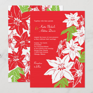 Red & Green Holiday Poinsettias Wedding Invitation
