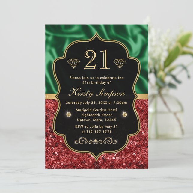 Red & Green Holiday Shimmer Birthday Invitation (Standing Front)