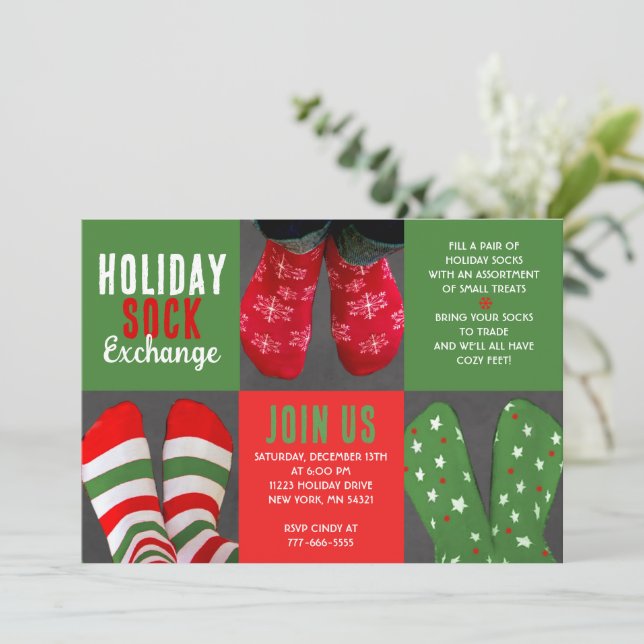 Red & Green Holiday Sock Exchange Party Invitation (Standing Front)