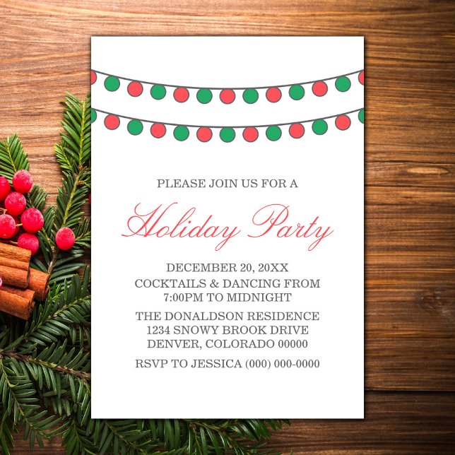 Red Green Holiday String of Lights Party Invite (Red and Green Holiday String Lights Christmas Party Invite)