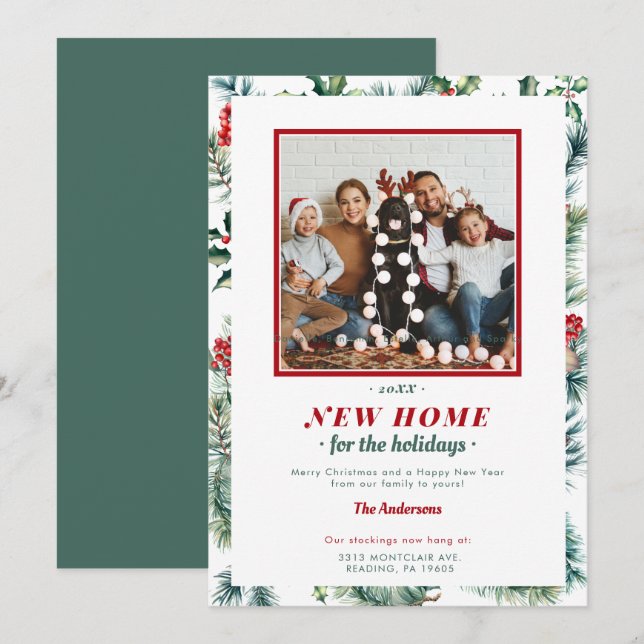 Red Green Holidays Frame New Home Elegant Photo Holiday Card (Front/Back)