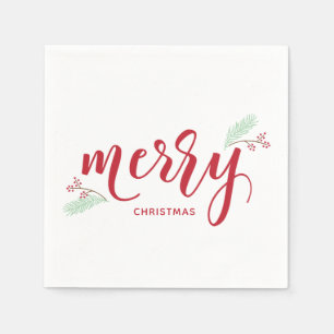 Red & Green Holly and Pine Merry Christmas Holiday Napkin