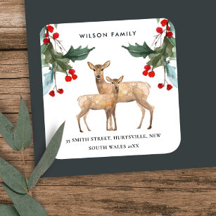 RED GREEN HOLLY BERRY DEER DUO NEW YEAR ADDRESS SQUARE STICKER