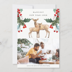 RED GREEN HOLLY BERRY DEER DUO NEW YEAR PHOTO HOLIDAY CARD