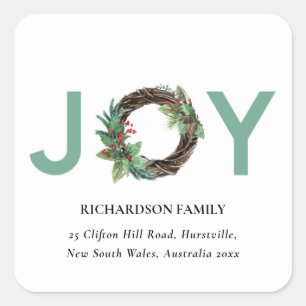 RED GREEN HOLLY BERRY JOY WREATH CHRISTMAS ADDRESS SQUARE STICKER