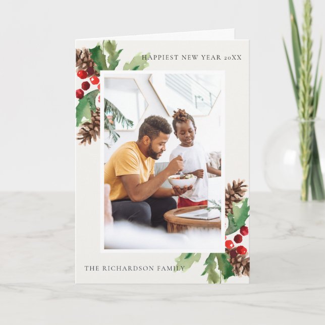 RED GREEN HOLLY BERRY PINE CONE NEW YEAR PHOTO CARD (Front)