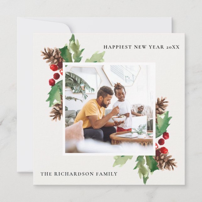 RED GREEN HOLLY BERRY PINE CONE NEW YEAR PHOTO HOLIDAY CARD (Front)