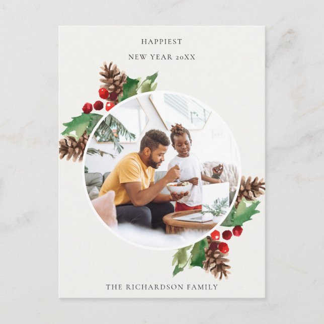 RED GREEN HOLLY BERRY PINE CONE NEW YEAR PHOTO POSTCARD (Front)