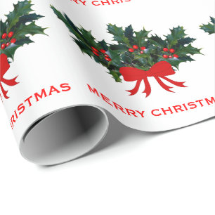 Red Green Holly Bow Elegant Holiday Christmas Wrapping Paper