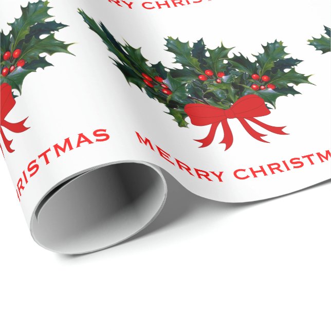 Red Green Holly Bow Elegant Holiday Christmas Wrapping Paper (Roll Corner)
