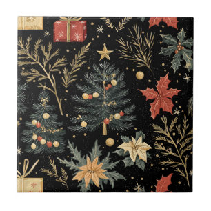 Red Green Holly Christmas Charcoal Pattern Tile