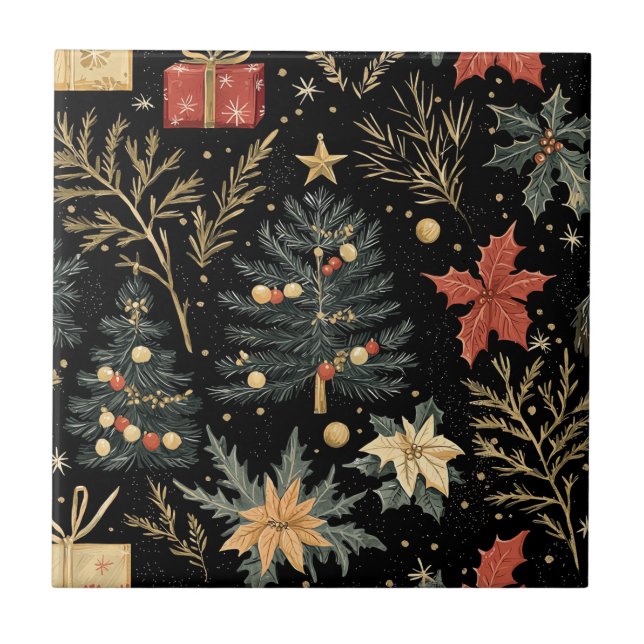 Red Green Holly Christmas Charcoal Pattern Tile (Front)