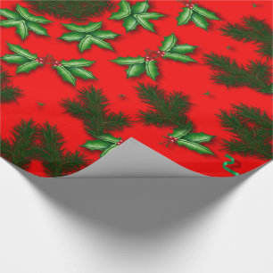 Red Green Holly Christmas Holiday Circle Pattern Wrapping Paper