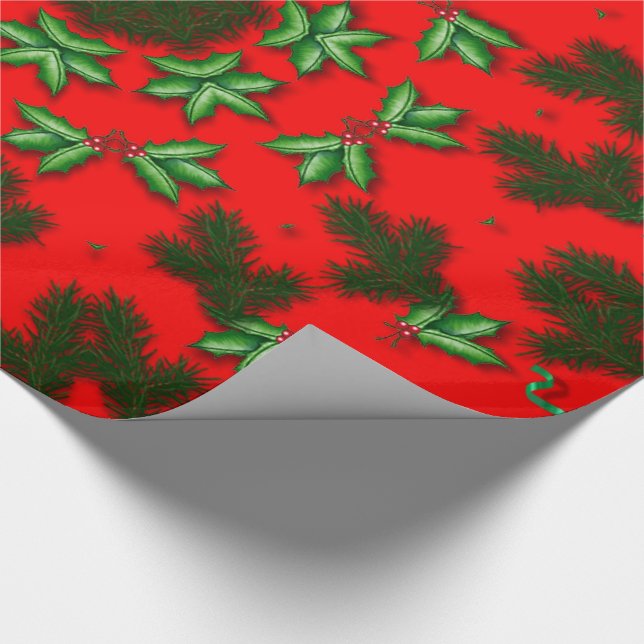 Red Green Holly Christmas Holiday Circle Pattern Wrapping Paper (Corner)