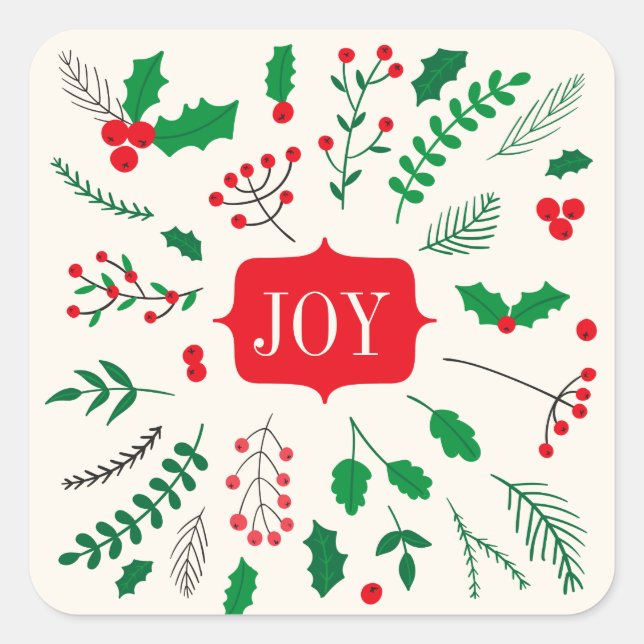 Red Green Holly Joy Christmas Pattern Square Sticker (Front)