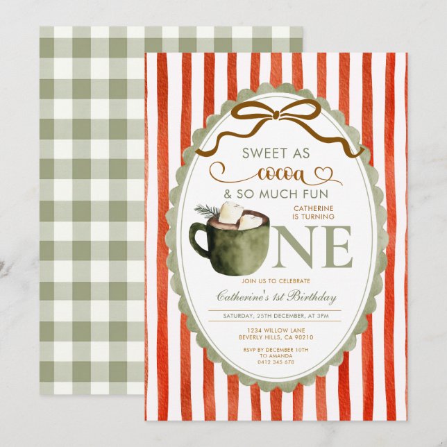 Red Green Hot Cocoa 1st birthday Gingham Invitation (Front/Back)
