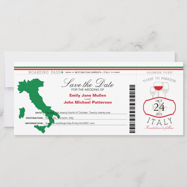 Red Green Italy Boarding Pass Wedding Invitation (Front)