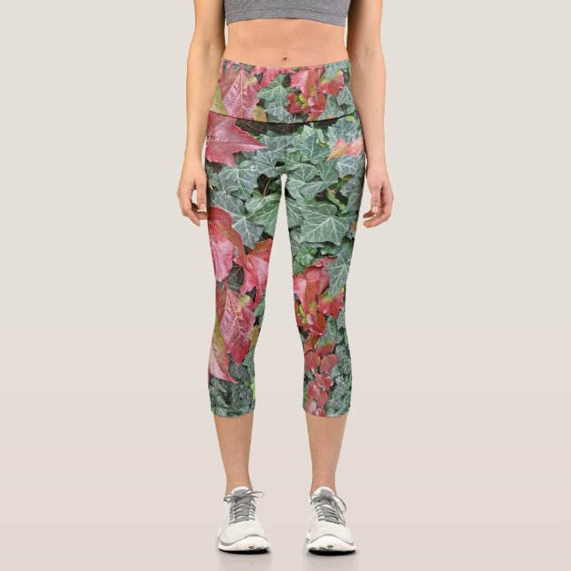 Red green ivy leaves fall autumn season capri leggings (Front)