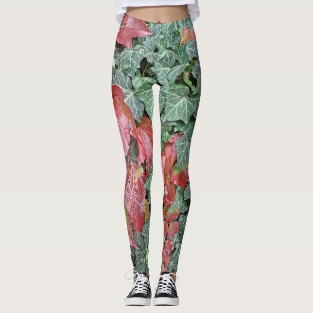 Red green ivy leaves fall autumn season leggings (Front)