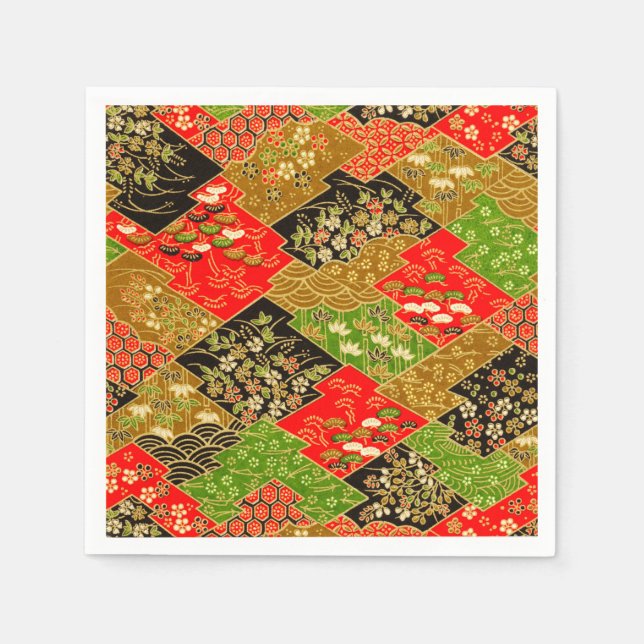 Red Green Japanese Kimono Floral Decoupage Paper Napkin (Front)