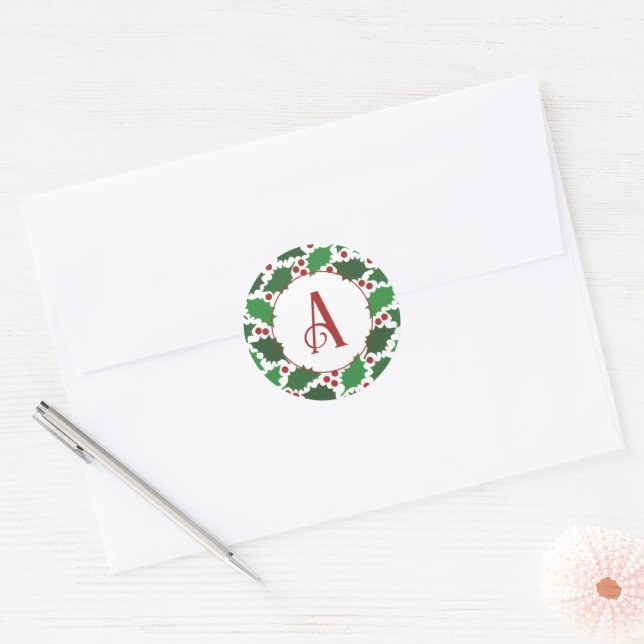 Red & Green Jolly Holly Monogram Classic Round Sticker (Envelope)