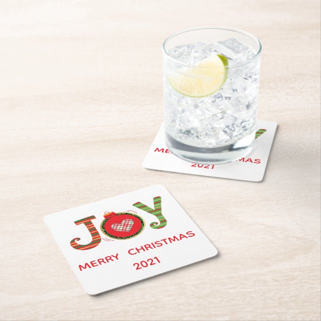 Red Green Joy Christmas Holiday  Square Paper Coaster (Insitu)