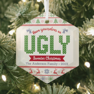 Red Green Knit Ugly Sweater Christmas Tacky Nordic Glass Tree Decoration