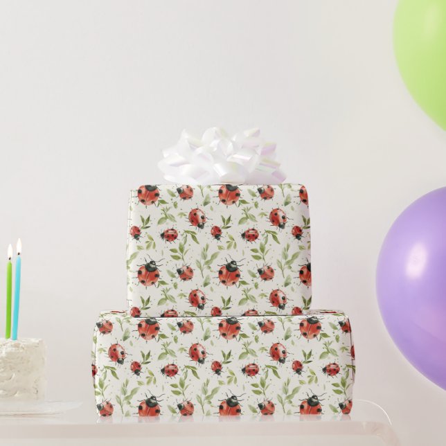 Red Green Leaves Ladybugs Birthday Wrapping Paper (Party Gifts)