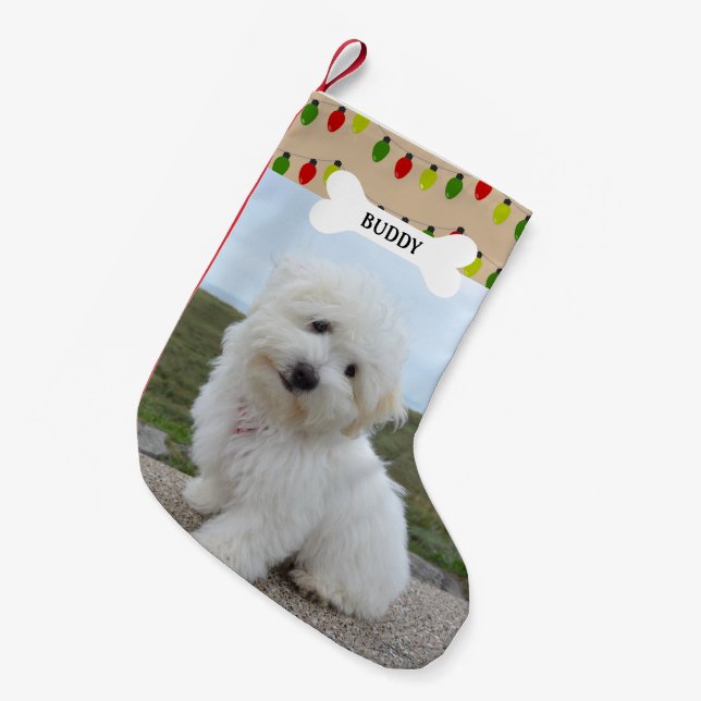 Red Green Lights Dog Bone Pet Photo Small Christmas Stocking (Front (Hanging))