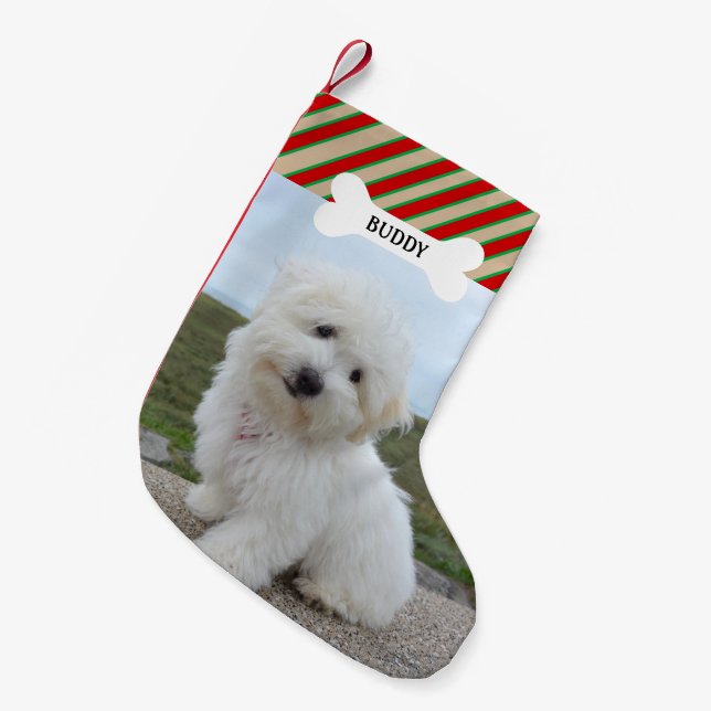 Red Green Lines Dog Bone Pet Photo Small Christmas Stocking (Front (Hanging))