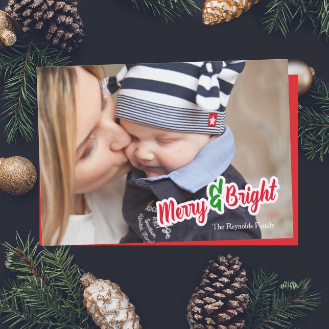 Red Green Merry & Bright Photo Christmas Card (Creator Uploaded)