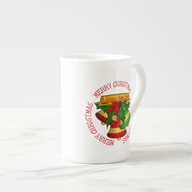 Red | Green Merry Christmas Bells Bone China Mug (Front Right)