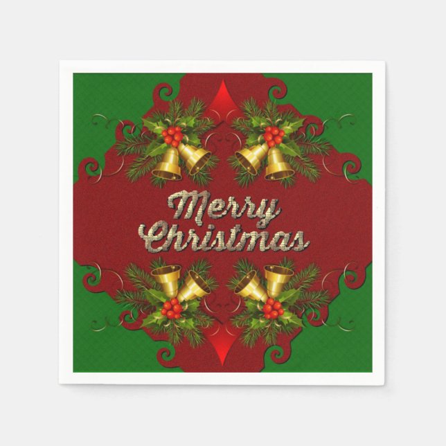 Red & Green Merry Christmas Bells Holiday Napkins (Front)