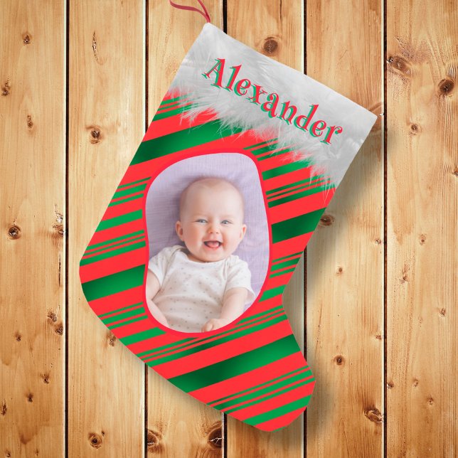 Red Green Merry Christmas Festive Photo Name Retro Small Christmas Stocking (Creator Uploaded)