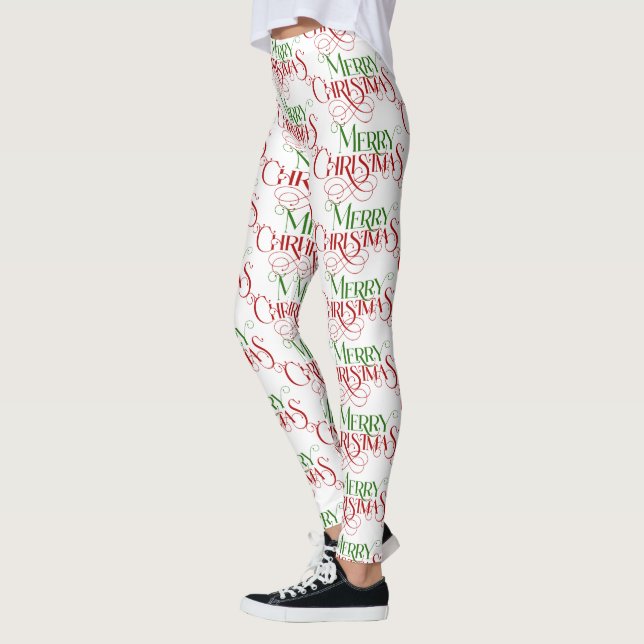 Red & Green Merry Christmas Retro Typography Leggings (Left)