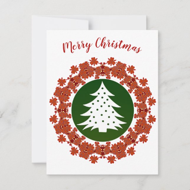 Red Green Merry Christmas Tree Floral Wreath Card (Front)