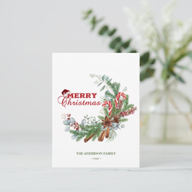 Red Green Merry Christmas Typography Greenery Postcard (Standing Front)
